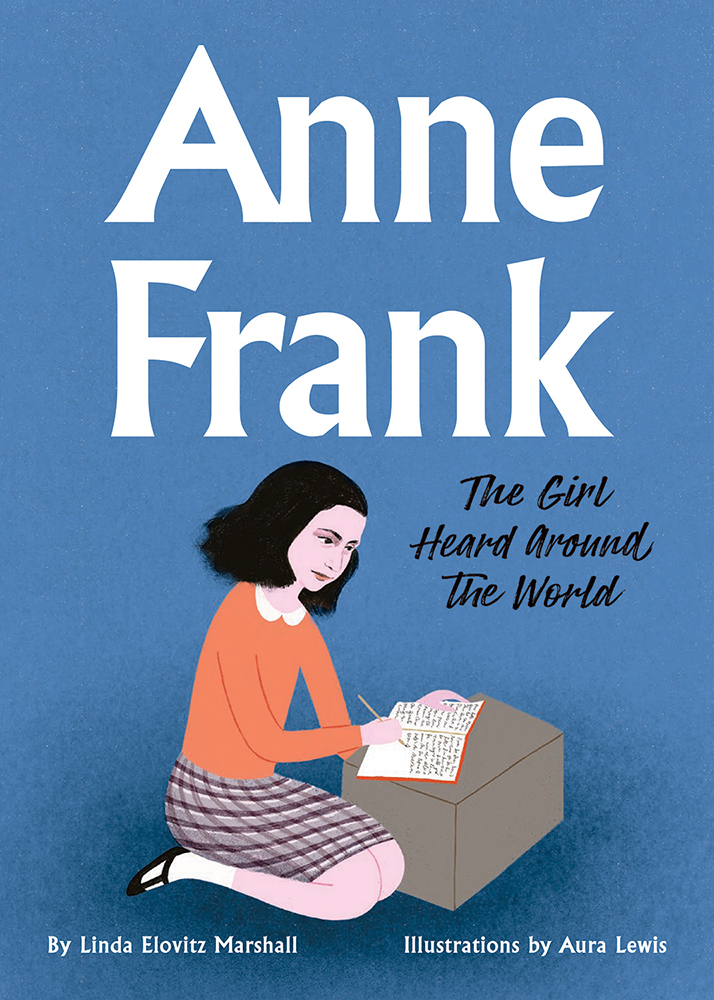 Anne Frank book cover illustrating Anne writing in a notebook against a blue background.